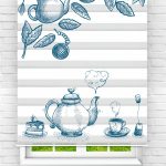 Felicityhome – Mutfak Zebra Perde Çay Kahve Yaprak Fincan Kek Dekoratif Mavi Baskılı Zebra Perde